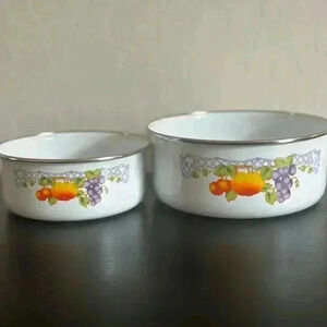 Vintage Metal Enamel Kitchen Storage Bowls Stacking With Vegetable Print